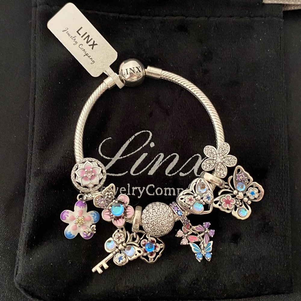 Linx Snake Chain Bracelet with Pink and Blue Butterfly and Flower Charms